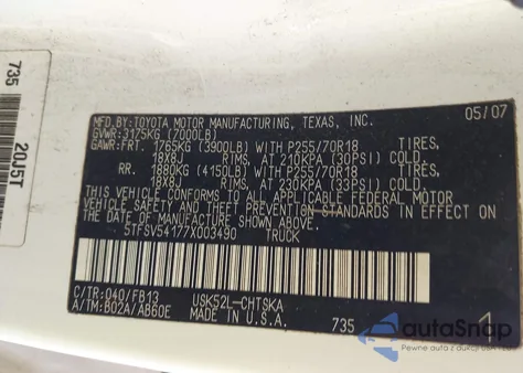 2007 Toyota Tundra Sr5 5.7L V8 z USA, uszkodzony, nr VIN 5TFSV54177X003490